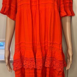 Elegant Orange Lace Trim Dress